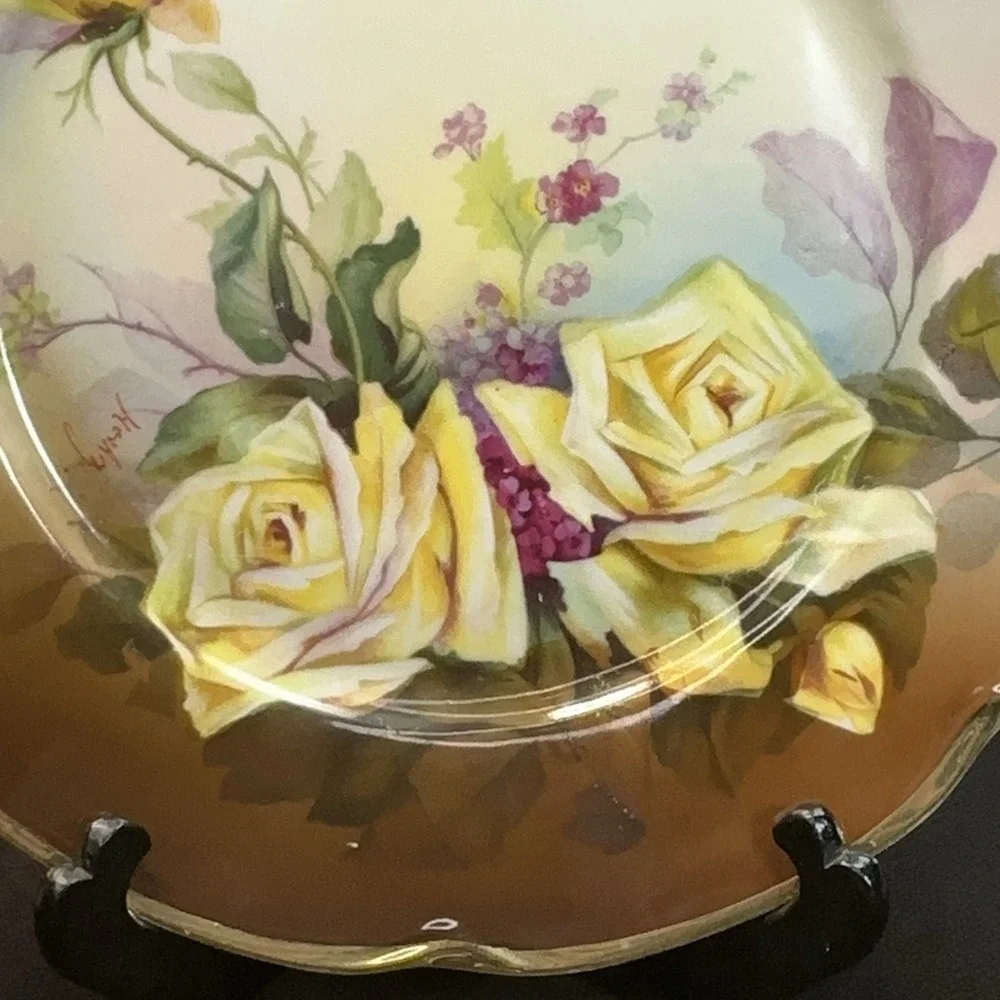 Antique‎ J&G Louise Bavaria Hand Painted Yellow Roses Cake Plate Signed Handled